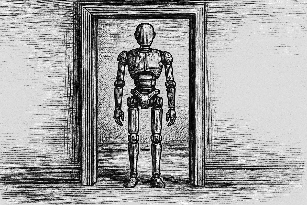 A line engraving of a humanoid robot standing squarely in an open doorway of a plain interior, its head close to the lintel and its shoulders close to the jambs, so that its outline and the opening correspond.