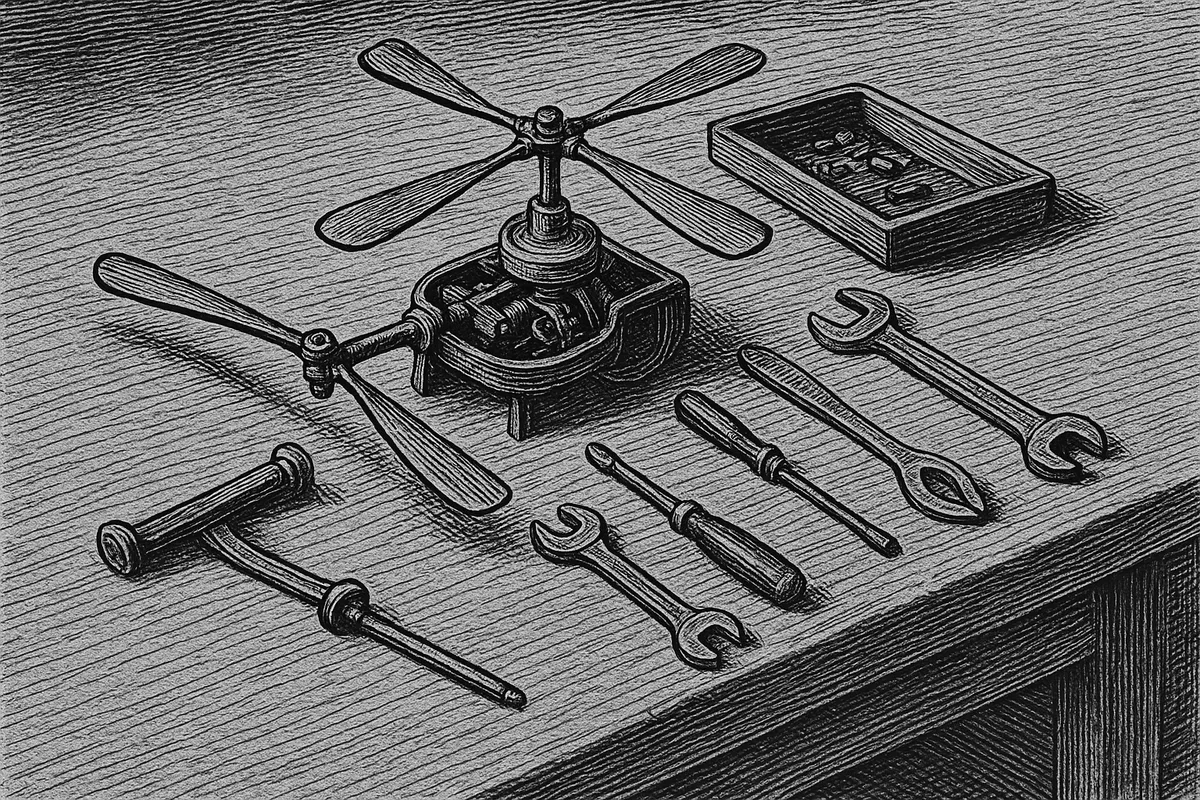 A line engraving of a workbench seen from above: a small four-rotor flying machine partly disassembled with one rotor arm detached beside it, hand tools laid out in an orderly row, and a shallow tray of small components.