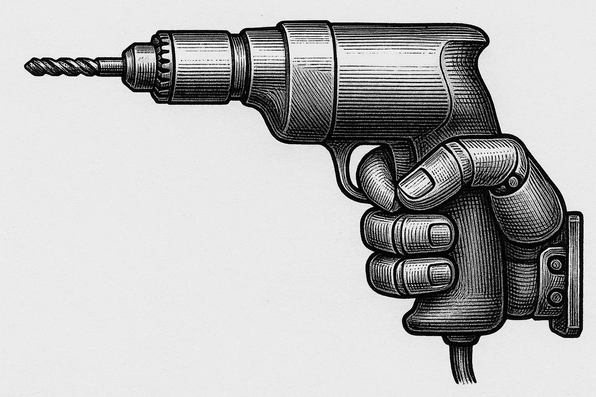 A line engraving of a heavy industrial mechanical hand gripping the pistol grip of a plain power drill — a thumb lying along the top of the grip and three fingers below it, the uppermost drawn through the trigger, with no little finger and the palm ending squared below.