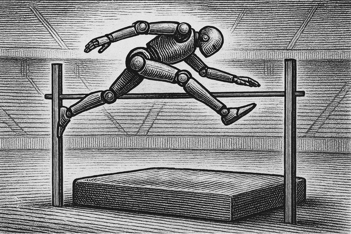 A line engraving of a humanoid figure clearing a horizontal bar set on two uprights, seen from the side against an empty arena.