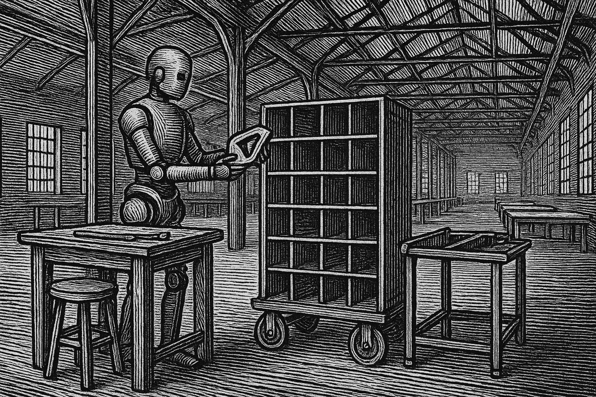 A line engraving of a large manufacturing hall in which a humanoid robot places a shaped component into one of the cubbies of a wheeled sequencing rack, with a plain empty workbench and an empty stool standing beside it.