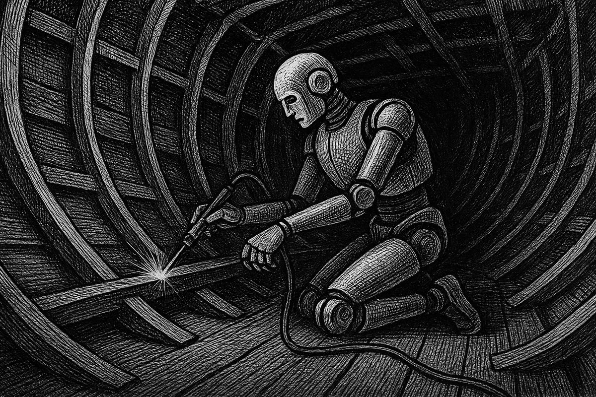 A line engraving of a humanoid robot kneeling inside the steel rib cage of a part-built ship hull, running a weld along a seam.