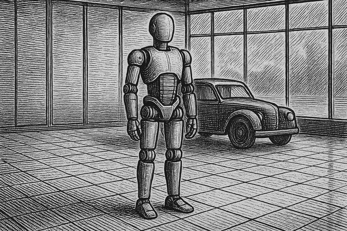 A line engraving of a humanoid unit standing at the centre of a large glazed showroom floor, with a motor car behind it and empty tiled space all around.